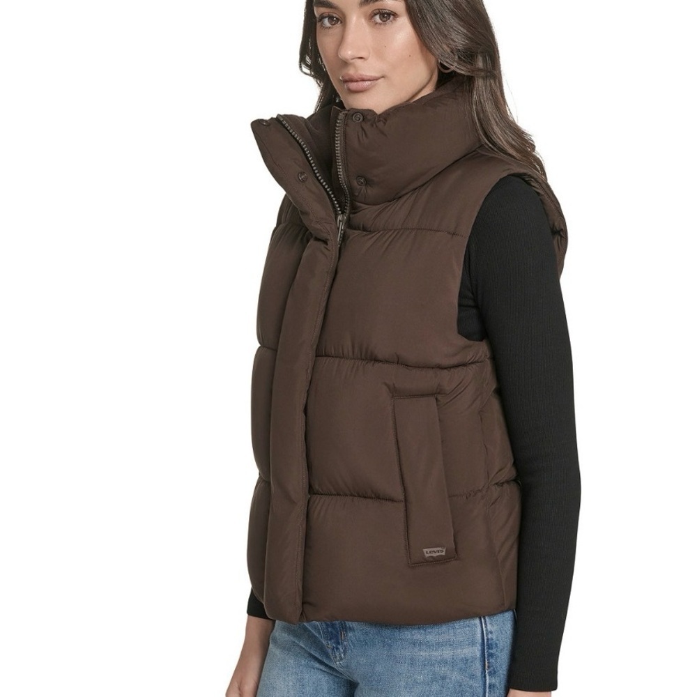 NWT Women's Stand Collar Puffer Vest In Brown, Size Large - Picture 3 of 10